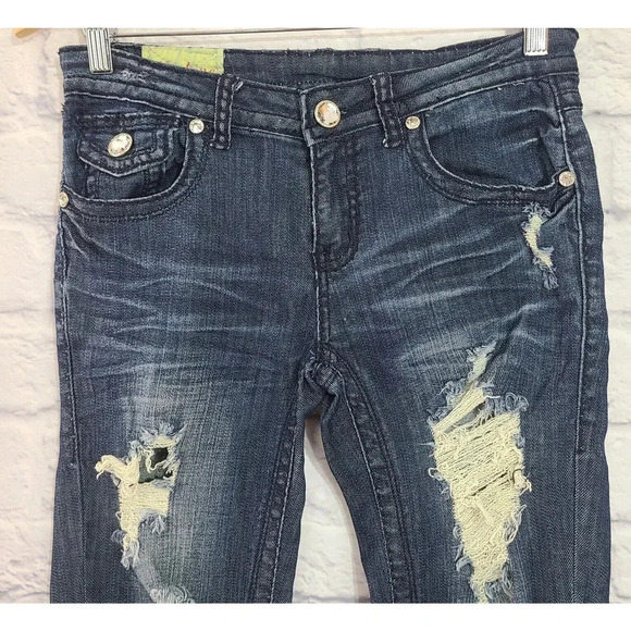 Machine Denim Jeans Women's Size 27 Dark Wash Distressed Embroidered - Picture 5 of 11